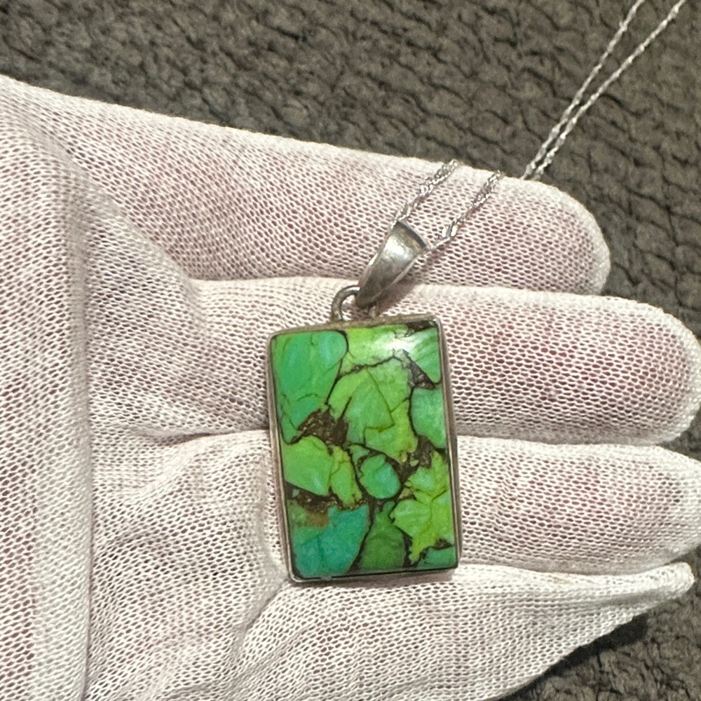 Vibrant Green Gaspeite  Mosaic Pendant Necklace
